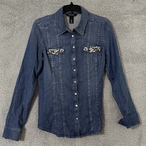 White House Black Market Denim Jeweled Pocket Button Up Shirt Sz 4 Western